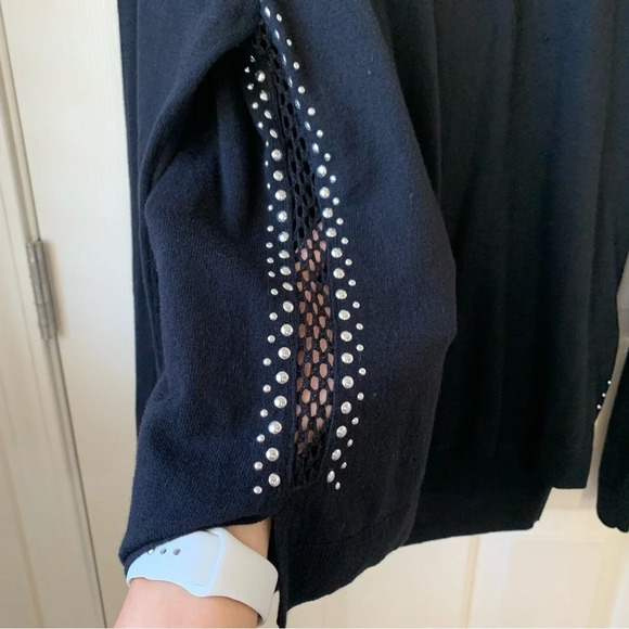 Bar III crewneck metallic embellished net long sleeves sleeves Black pullover L - Picture 7 of 8